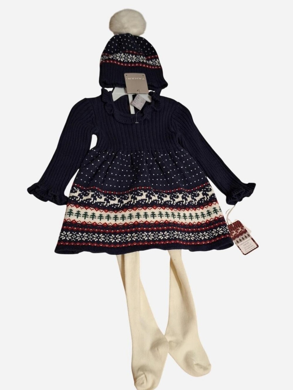 NWT Tahari Reindeer fair isle sweater dress, tights, & tobaggan 12 Months